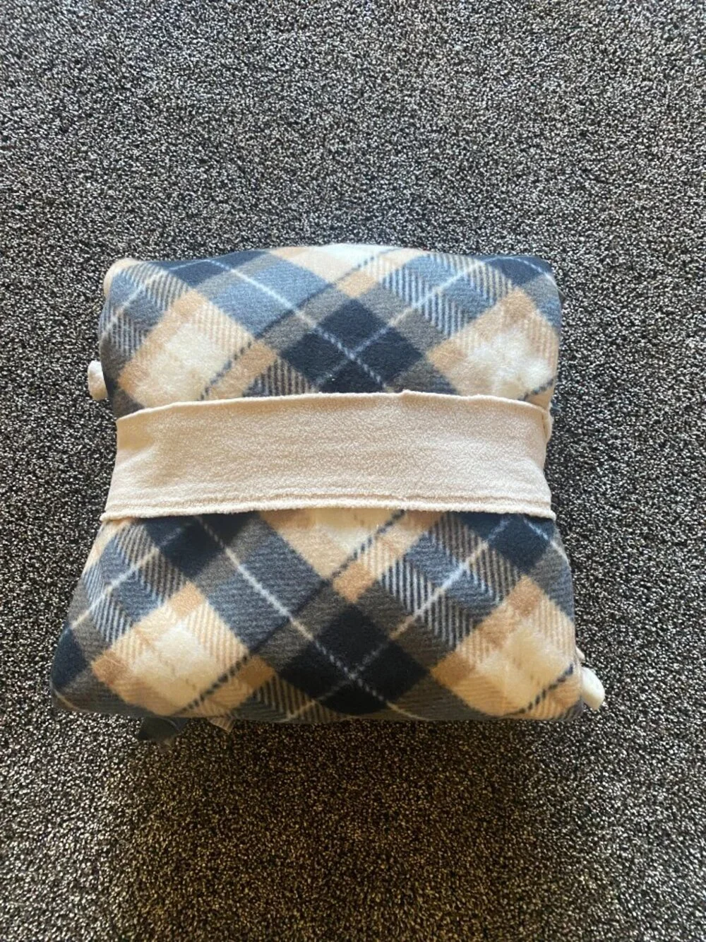 Handmade Fleece Blanket 36x51 Black Tan Cream Plaid Cozy Throw Lap Blanket